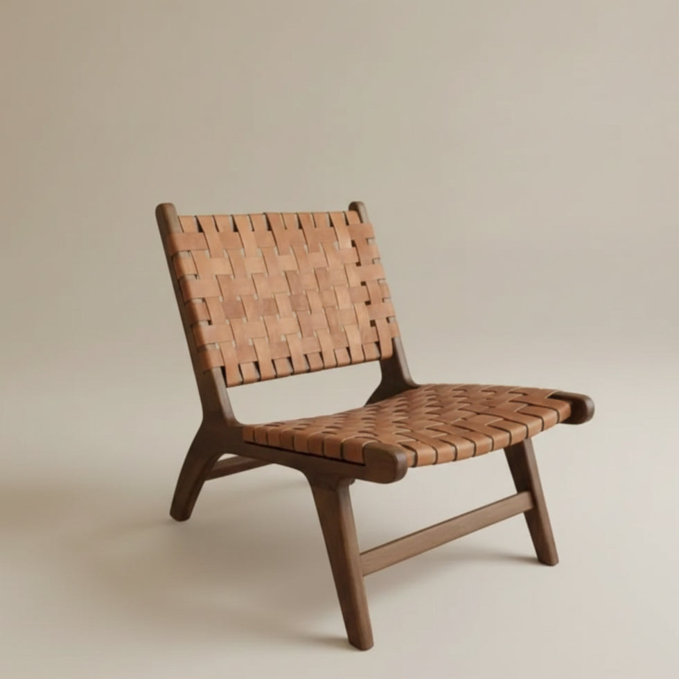 Handmade Brown Moroccan Armchair – Woven Leather Wood