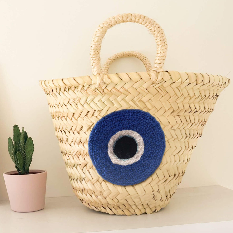 Straw Beach Bag – Navy Evil Eye Crochet Moroccan Tote