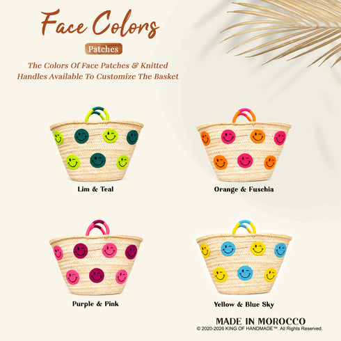 Smiley Face Straw Basket Bag | Handmade Moroccan Beach Tote Bag