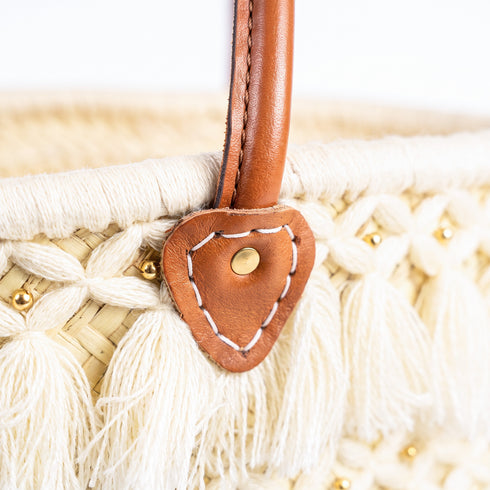 Moroccan Straw Beach Bag – Beige Tassel Tote with Leather Handles