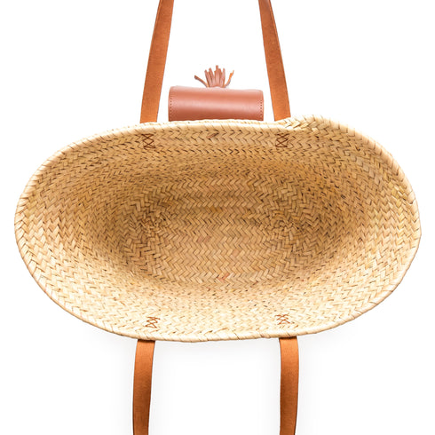 Large Moroccan Straw Bag – Coastal Tote, Tan Leather Flap & Tassel