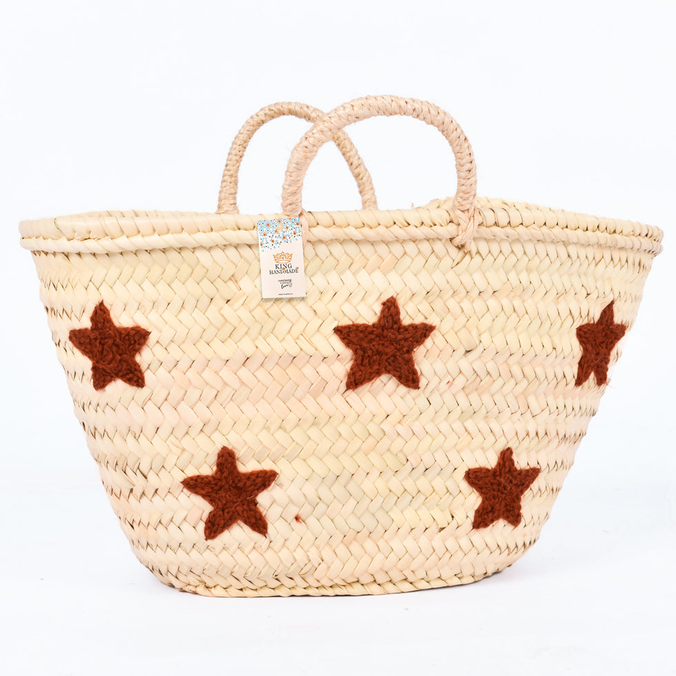 Straw Beach Bag – Rust Stars Embroidered Moroccan Tote