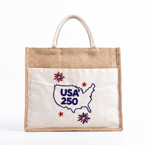 USA 250 Patriotic Jute Tote 🇺🇸 – Embroidered Blue Map Burlap Beach Bag | Independence Day, Picnic & Travel Carry-All