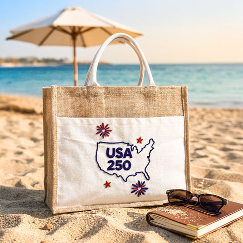 USA 250 Patriotic Jute Tote 🇺🇸 – Embroidered Blue Map Burlap Beach Bag | Independence Day, Picnic & Travel Carry-All