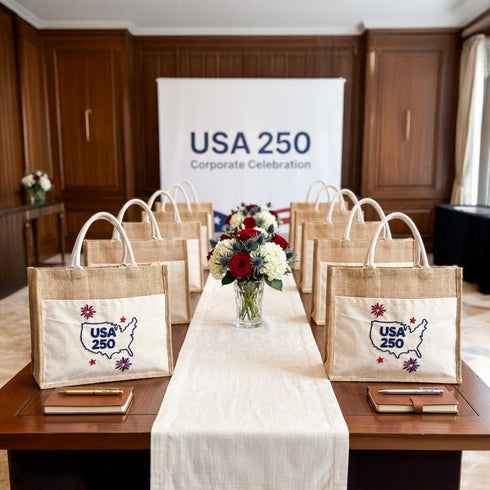 USA 250 Patriotic Jute Tote 🇺🇸 – Embroidered Blue Map Burlap Beach Bag | Independence Day, Picnic & Travel Carry-All