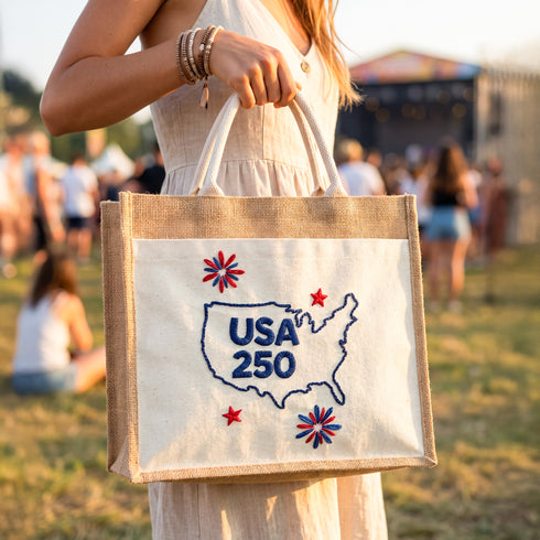 USA 250 Patriotic Jute Tote 🇺🇸 – Embroidered Blue Map Burlap Beach Bag | Independence Day, Picnic & Travel Carry-All