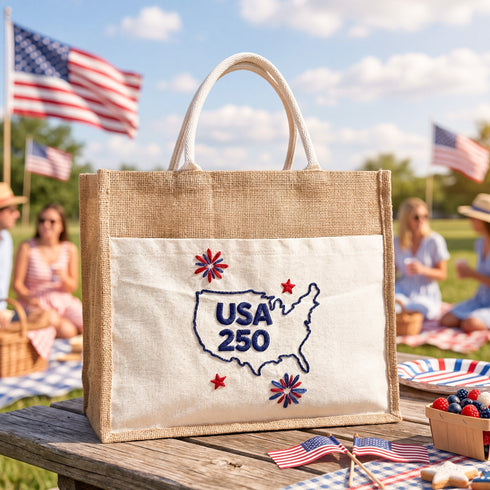 USA 250 Patriotic Jute Tote 🇺🇸 – Embroidered Blue Map Burlap Beach Bag | Independence Day, Picnic & Travel Carry-All
