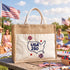 USA 250 Patriotic Jute Tote 🇺🇸 – Embroidered Blue Map Burlap Beach Bag | Independence Day, Picnic & Travel Carry-All