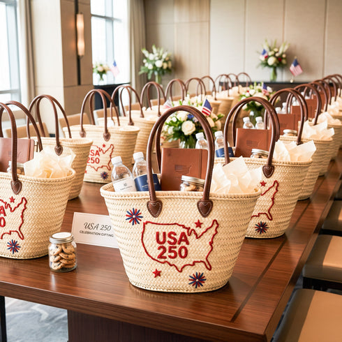 USA patriotic straw basket with red embroidered USA map and leather handles, handmade palm leaf beach tote bag for travel, summer events and 4th of July celebrations