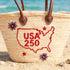 USA patriotic straw basket with red embroidered USA map and leather handles, handmade palm leaf beach tote bag for travel, summer events and 4th of July celebrations