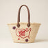 USA patriotic straw basket with red embroidered USA map and leather handles, handmade palm leaf beach tote bag for travel, summer events and 4th of July celebrations