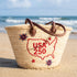 USA patriotic straw basket with red embroidered USA map and leather handles, handmade palm leaf beach tote bag for travel, summer events and 4th of July celebrations