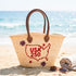 USA patriotic straw basket with red embroidered USA map and leather handles, handmade palm leaf beach tote bag for travel, summer events and 4th of July celebrations