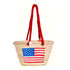 Handwoven straw basket with embroidered USA flag and red braided thread handles