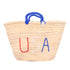 straw basket embroidered with “USA” Eco-friendly tote with blue handle—perfect for beach days, shopping, or patriotic gifts.