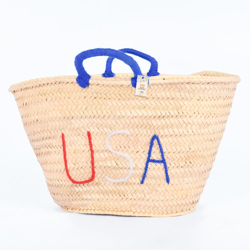 straw basket embroidered with “USA” Eco-friendly tote with blue handle—perfect for beach days, shopping, or patriotic gifts.