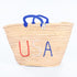 straw basket embroidered with “USA” Eco-friendly tote with blue handle—perfect for beach days, shopping, or patriotic gifts.