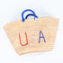 straw basket embroidered with “USA” Eco-friendly tote with blue handle—perfect for beach days, shopping, or patriotic gifts.