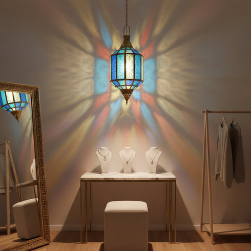 Handmade Moroccan Glass Lantern - Blue Brass Mosaic Pendant