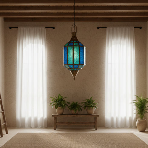 Handmade Moroccan Glass Lantern - Blue Brass Mosaic Pendant