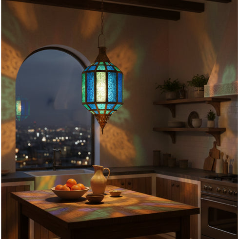 Handmade Moroccan Glass Lantern - Blue Brass Mosaic Pendant