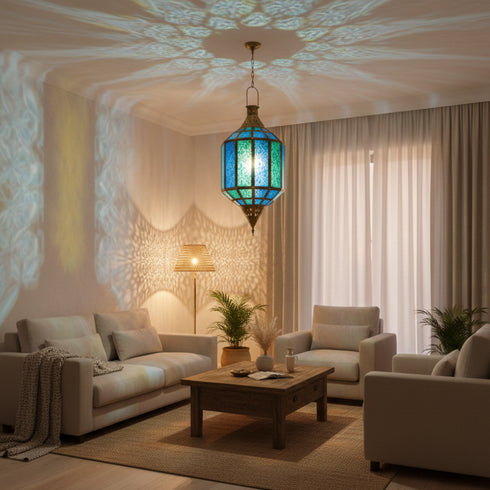 Handmade Moroccan Glass Lantern - Blue Brass Mosaic Pendant