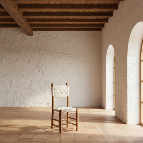 Moroccan Bar Stool with White Cord Handmade Brown Wood Boho Stool