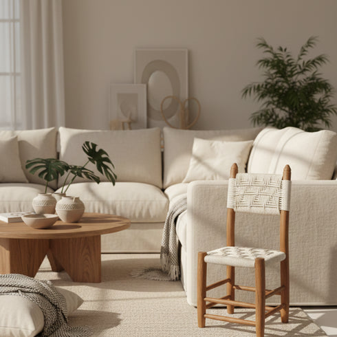 Moroccan Bar Stool with White Cord Handmade Brown Wood Boho Stool