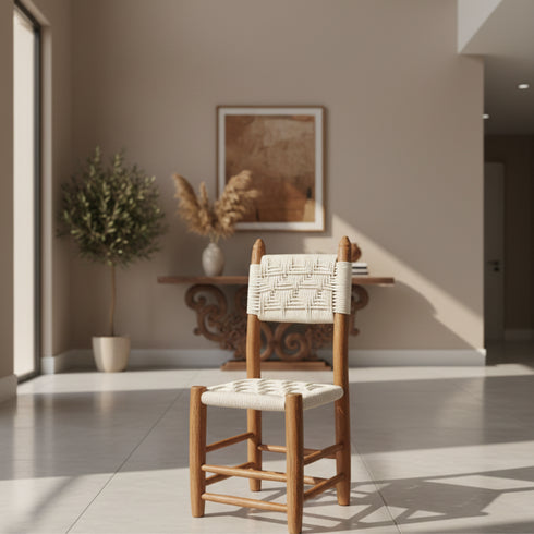 Moroccan Bar Stool with White Cord Handmade Brown Wood Boho Stool