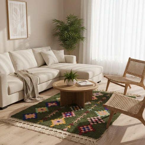 Handmade Green Rug - Colorful Geometric Carpet