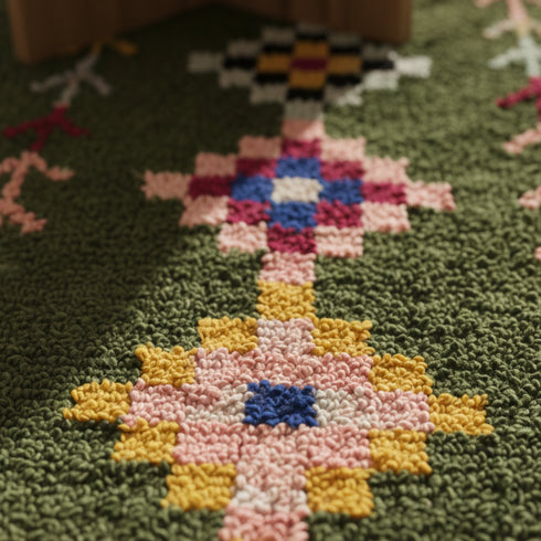 Handmade Green Rug - Colorful Geometric Carpet