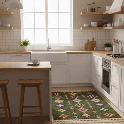 Handmade Green Rug - Colorful Geometric Carpet