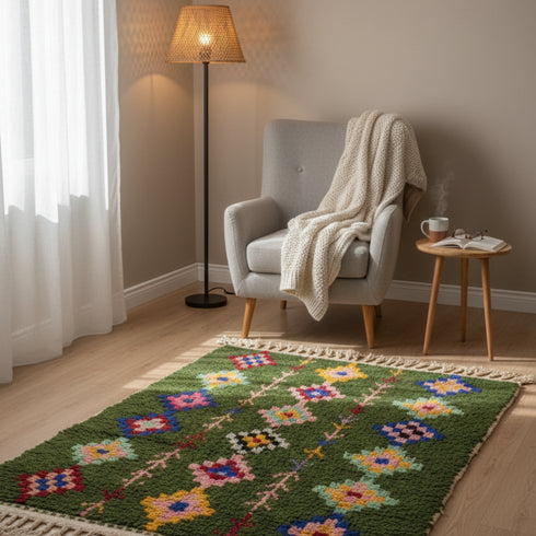 Handmade Green Rug - Colorful Geometric Carpet