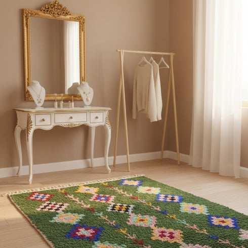 Handmade Green Rug - Colorful Geometric Carpet