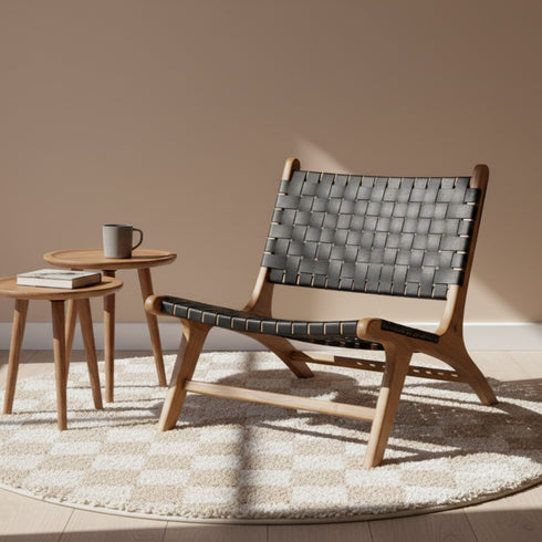 Black Moroccan Leather Chair - Walnut Armchair Set