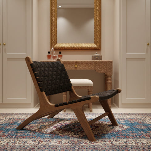 Black Moroccan Leather Chair - Walnut Armchair Set