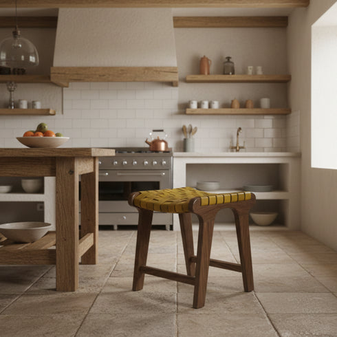 Green Moroccan Leather Chair with Wooden Frame