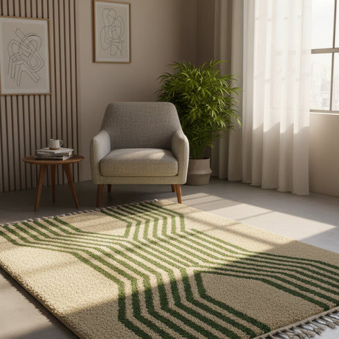 Green Striped Moroccan Rug – Modern Handmade Carpet