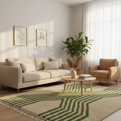 Green Striped Moroccan Rug – Modern Handmade Carpet
