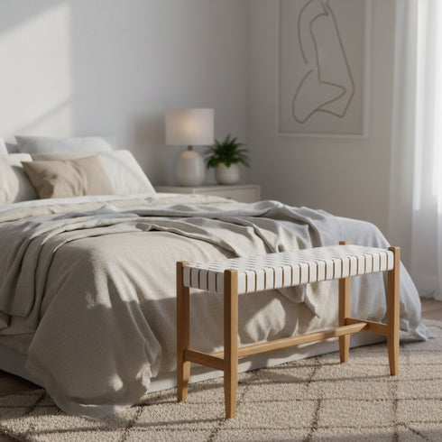 Handmade Woven Leather Bench - Entryway or Bedroom Bench