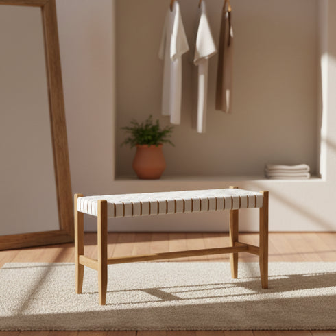 Handmade Woven Leather Bench - Entryway or Bedroom Bench