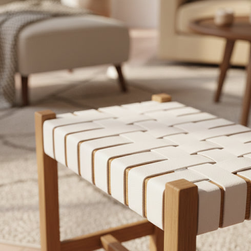 Handmade Woven Leather Bench - Entryway or Bedroom Bench