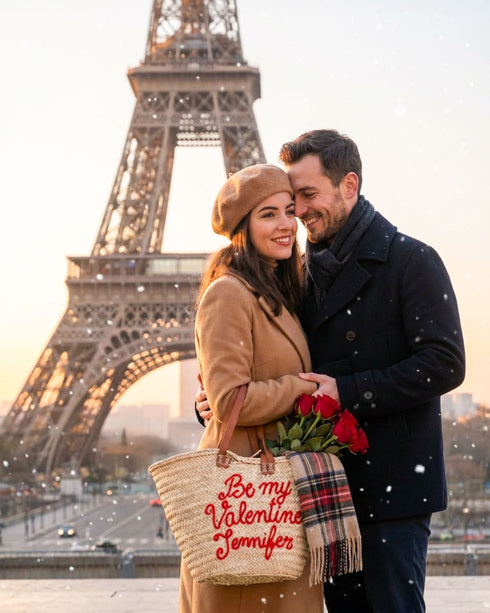 Personalized “Be My Valentine” Straw Basket Tote Bag | Custom Name Gift