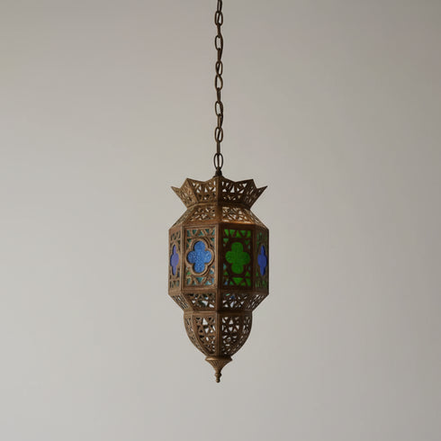 Illuminate your living space with the enchanting glow of a Handmade Moroccan Brass Lantern with Stained Glass.