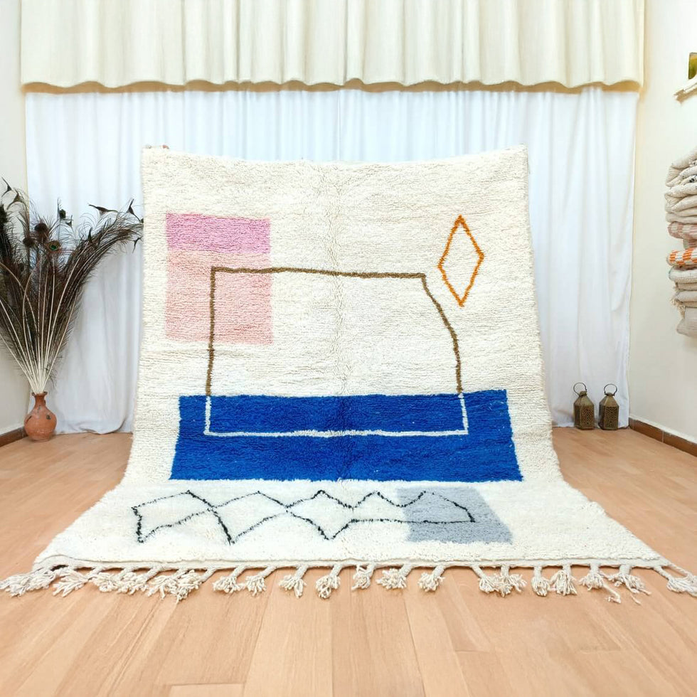 Moroccan Berber Rug – Blue & Ivory Geometric Wool Area Rug