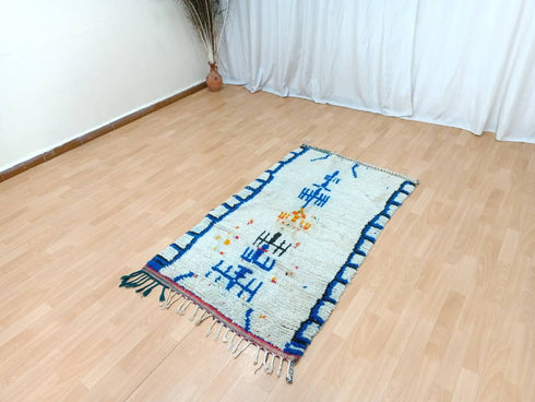 White and Blue Handmade Moroccan Berber Rug - Vintage Boho