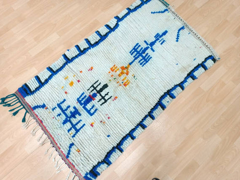 White and Blue Handmade Moroccan Berber Rug - Vintage Boho