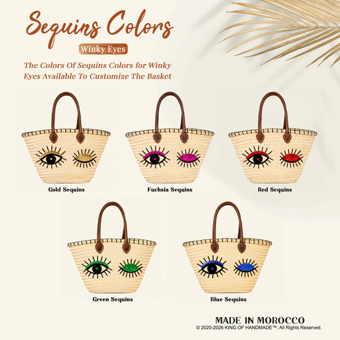 Winky Eyes Sequin Straw Basket Bag | Leather Handle Tote