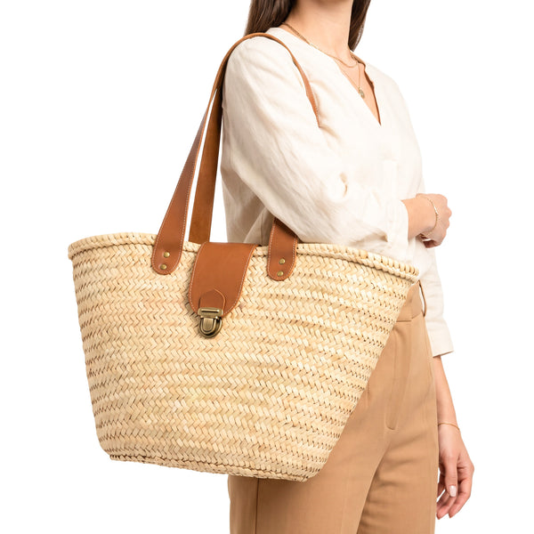 Moroccan Straw Beach Bag – Handwoven Basket with brass Clasp