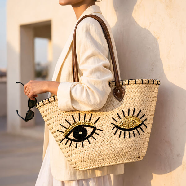 Winky Eyes Sequin Straw Basket Bag | Leather Handle Tote